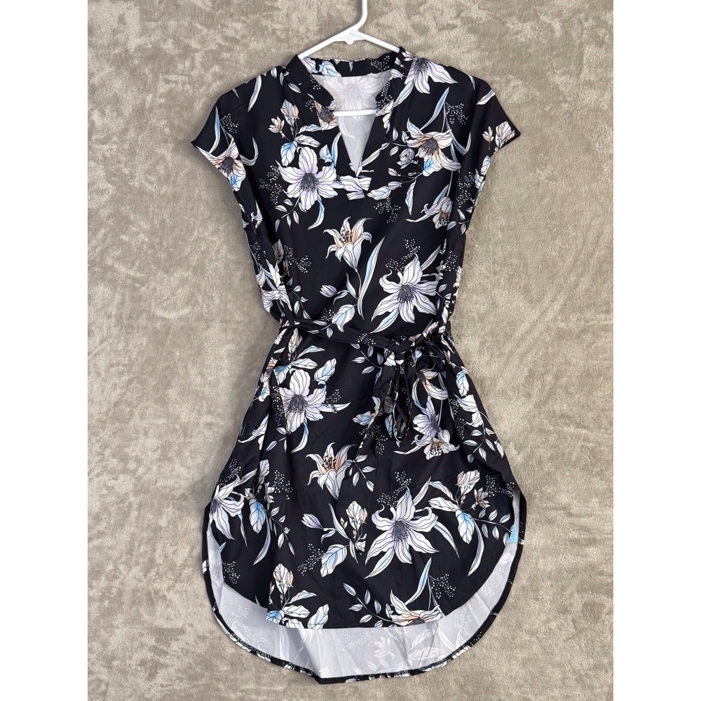 CUPSHE Black Floral Dress NWT V-Neck Tie Waist Hi Low Hem‎ Boho Summer